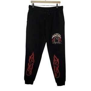 Bailey Sarian Suspish Sweatpants Size L Black Pants Sweats Joggers Flames Fire